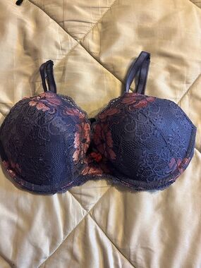 Adore Me Navy Bra with Rose Lace Overlay